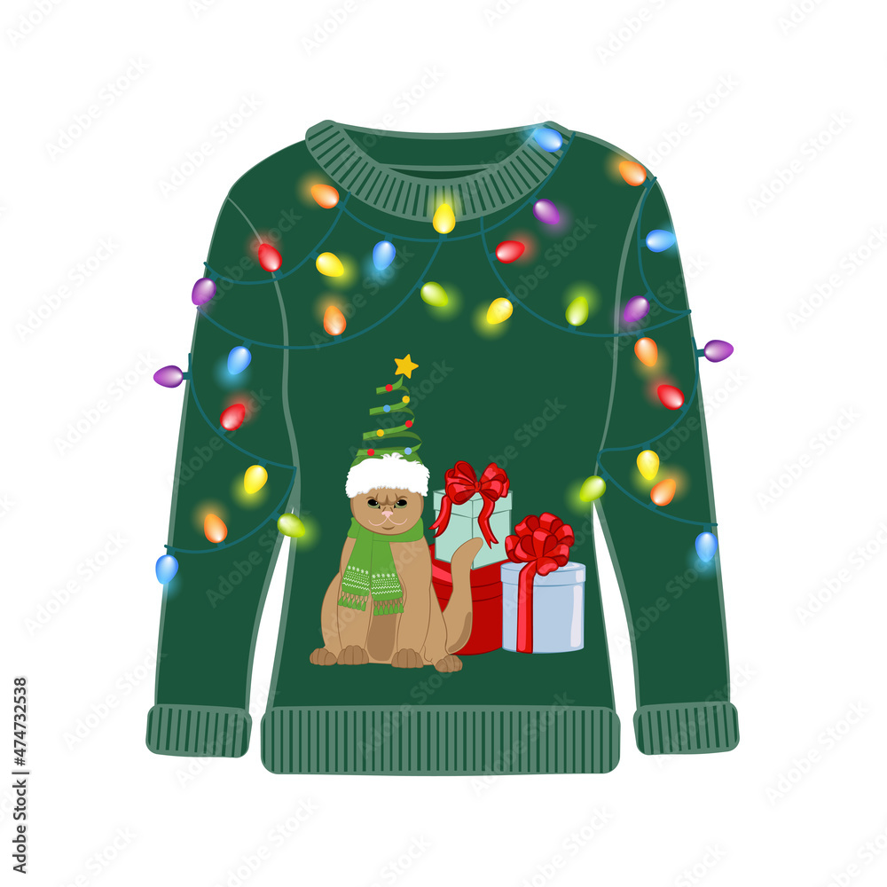 Fototapeta premium Ugly Christmas party sweater with funny cat print.