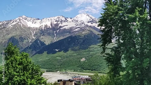 The small plane takes off  from Mestia Airport in Georgia