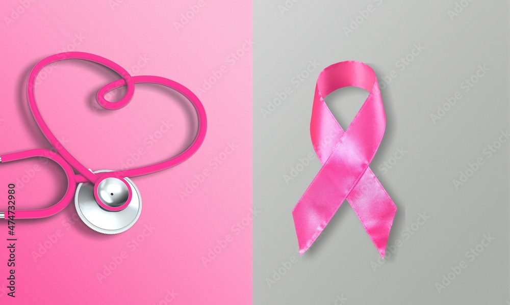 Pink ribbon and stethoscope on background. Breast cancer awareness concept Pink ribbon and stethoscope on background. Breast cancer awareness concept