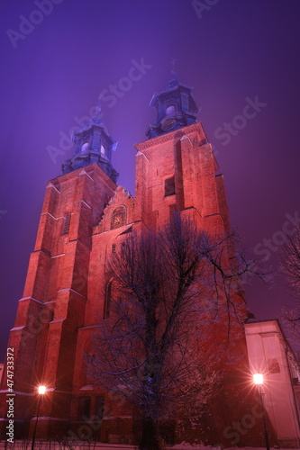 Obraz na płótnie Katedra Gniezno, noc, mgła, zima w salonie