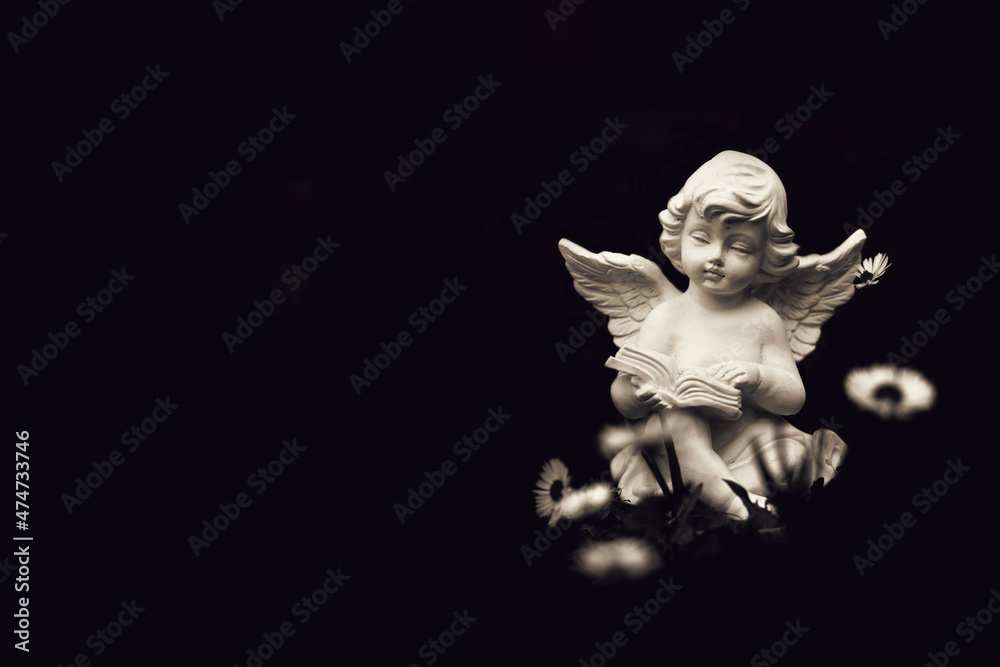Fototapeta premium Condolence card with angel isolated on black background with copy space