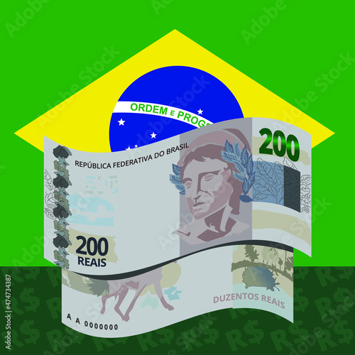 Two hundred Real exchange Brazil Flag background, brazillian national currency