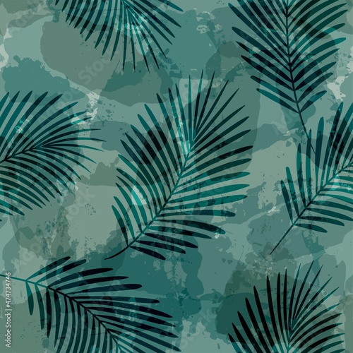 Tropical pattern  palm leaves seamless vector background. Exotic plant on watercolor stains artistic jungle print. Leaves of palm tree. ink brush