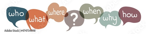 Vector isolated colorful speech bubble with question Who What Where When Why How and question mark. Investigate analyze and solve various questions.Problem solving or brainstorming concept