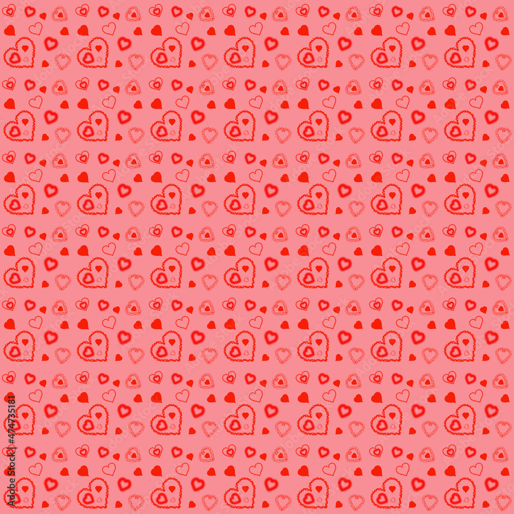 Seamless pattern with red hearts of different sizes on a pink background. Valentine's day background with seamless pattern. Valentine's Day decoration.