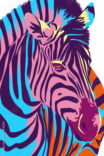 Colorful zebra portrait in pop art style. Abstract  hand-drawn  multi-colored portrait of zebra. For fabric  textile  clothing  wrapping paper  wallpaper  stickers  poster t-shirt design. 