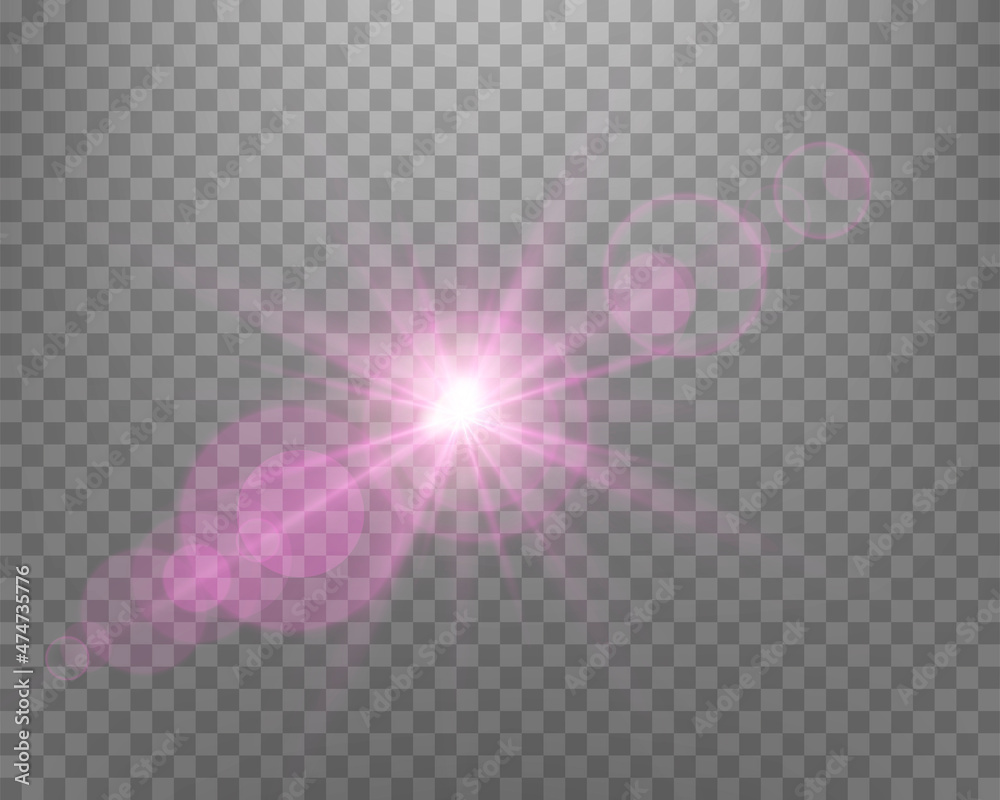 Obraz premium Sunlight lens flare, sun flash with rays and spotlight. Pink glowing burst explosion on a transparent background. .Vector illustration.