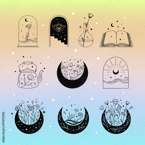 Mystic Floral Set. Esoteric Magical Bohemian Symbols
