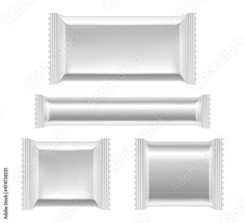 Blank white flow packs set - food packaging vector illustration.