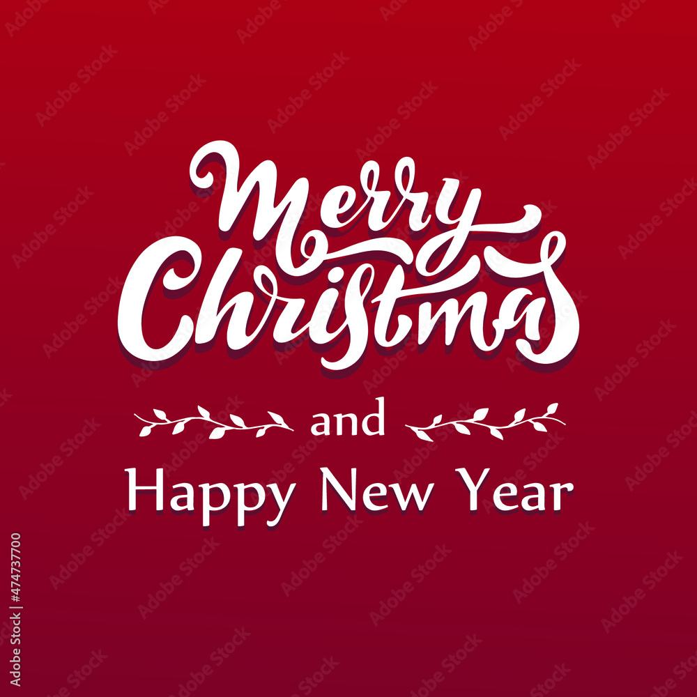 Merry Christmas and Happy New Year, vector hand lettering. White letters with a Christmas pattern on the red background. Vector illustration, style calligraphy. Typography winter holidays. Christmas.