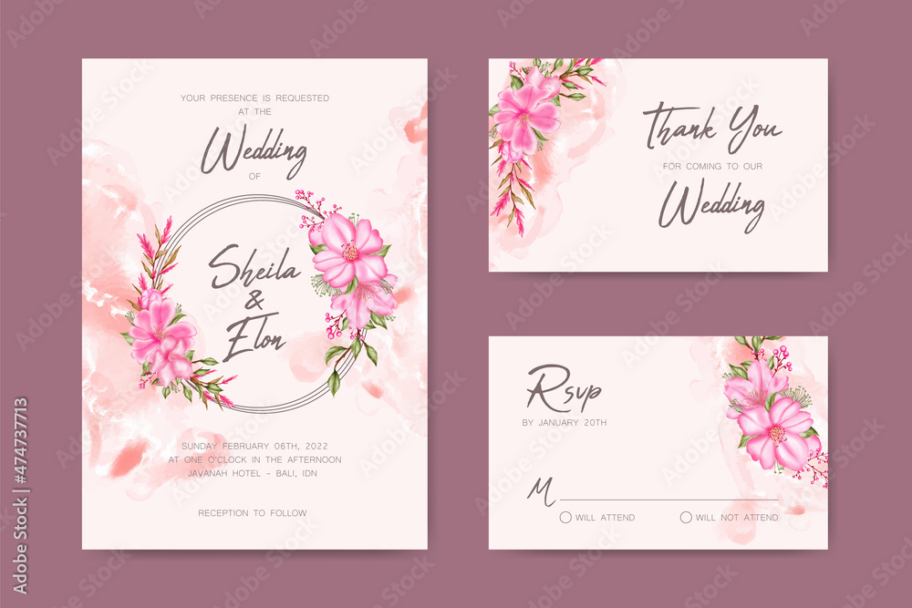 Set of watercolor cherry blossom wedding invitation template