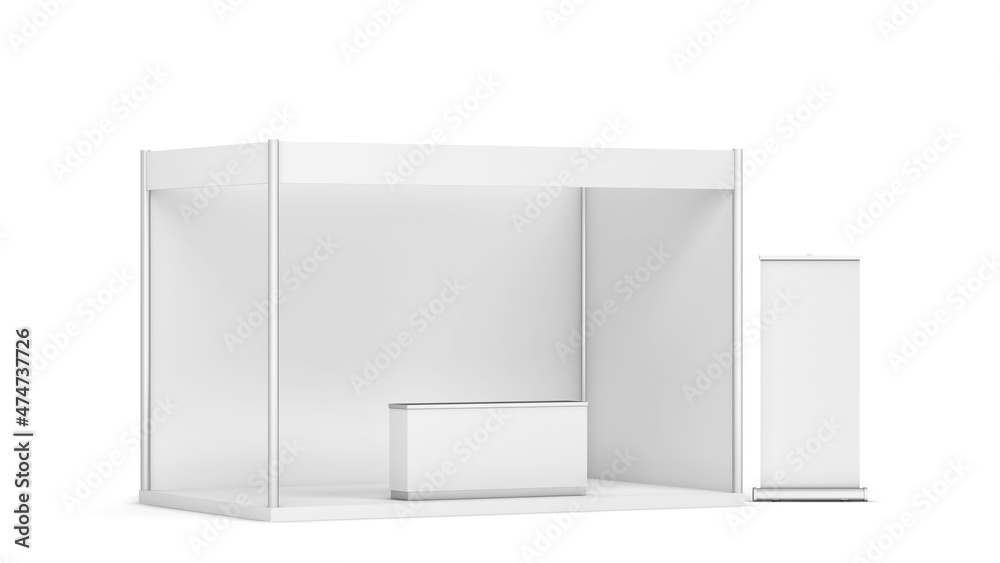 Blank tradeshow booth with counter and rollup banner Blank tradeshow booth with counter and rollup banner