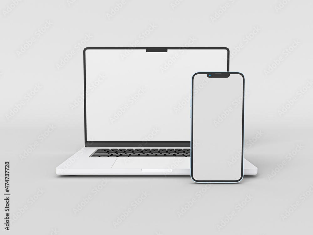 MacBook Pro Laptop and iPhone 13 smartphone in 3D rendered illustration on  white background in minimal style for mockup and responsive website. Blank  screen Apple laptop computer, mobile phone 2021. Illustration Stock