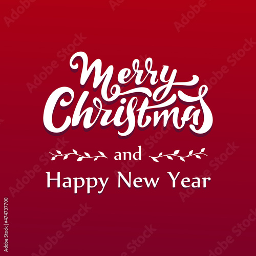 Merry Christmas and Happy New Year  vector hand lettering. White letters with a Christmas pattern on the red background. Vector illustration  style calligraphy. Typography winter holidays. Christmas.