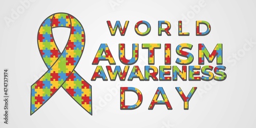 Awareness for people with autism, illustration of autistic support concept, autism symbol, ribbon, heart, puzzle
