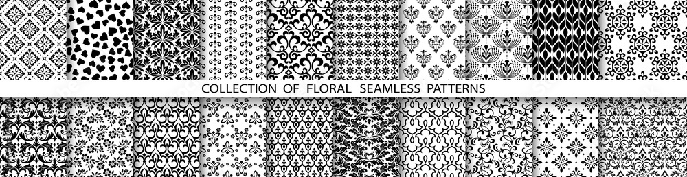 Geometric floral set of seamless patterns. Black and white vector backgrounds. Simple illustrations