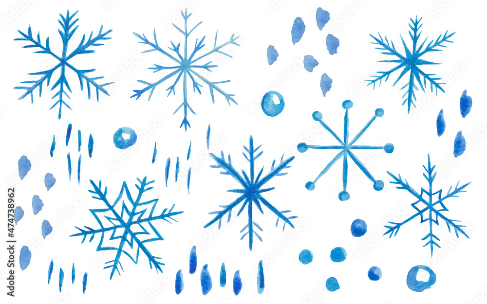 Watercolor illustration of hand painted blue snowflakes, dots of ornate shape. Isolated snow art for Christmas, New Year. Winter set of elements for design postcard, packaging paper, fabric material