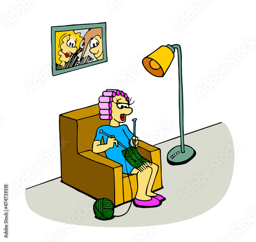 Cute bored woman with curlers and home clothes sitting on the sofa in her living room and knitting. Cartoon style vector illustration.