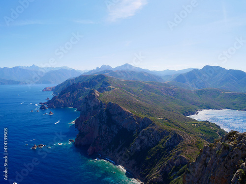 Aerial view from Capo Rosso on Gulf of Porto, Corsica, France.