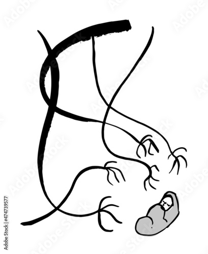 Dangers and threat for a baby. Conceptual illustration with threatening black arms and hands around a baby. Hand drawn ink strokes style vector illustration isolated on white background.