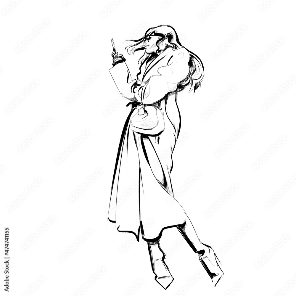 Fototapeta premium Fashion illustration of a woman looking on her phone, wrapped in a warm winter coat. What she sees appears to make her swoon. 