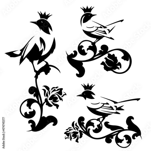 elegant small bird wearing royal crown sitting on rose flower stem - fairy tale princess pet animal black and white vector silhouette design set
