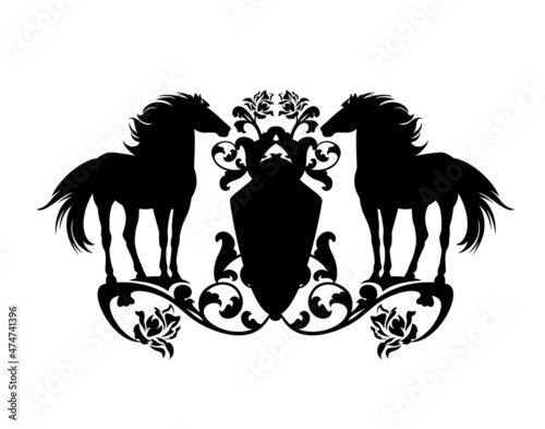 pair of standing mustang horses with heraldic shield among rose flowers - black animals silhouette with vector design elements over white