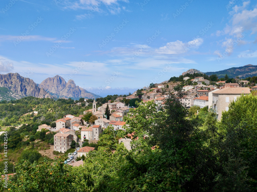 View of beautiful mountain village Evisa, Corsica.