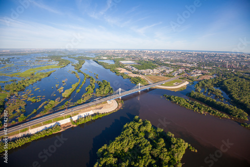 New cable-stayed bridge across the Samara River, on Kirov Avenue. Aerial photo. Samara, Russia.
