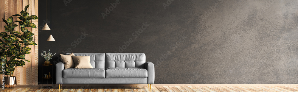 Interior design of living room with gray sofa over black stucco wall with wooden panelling, panorama 3d rendering - obrazy, fototapety, plakaty 