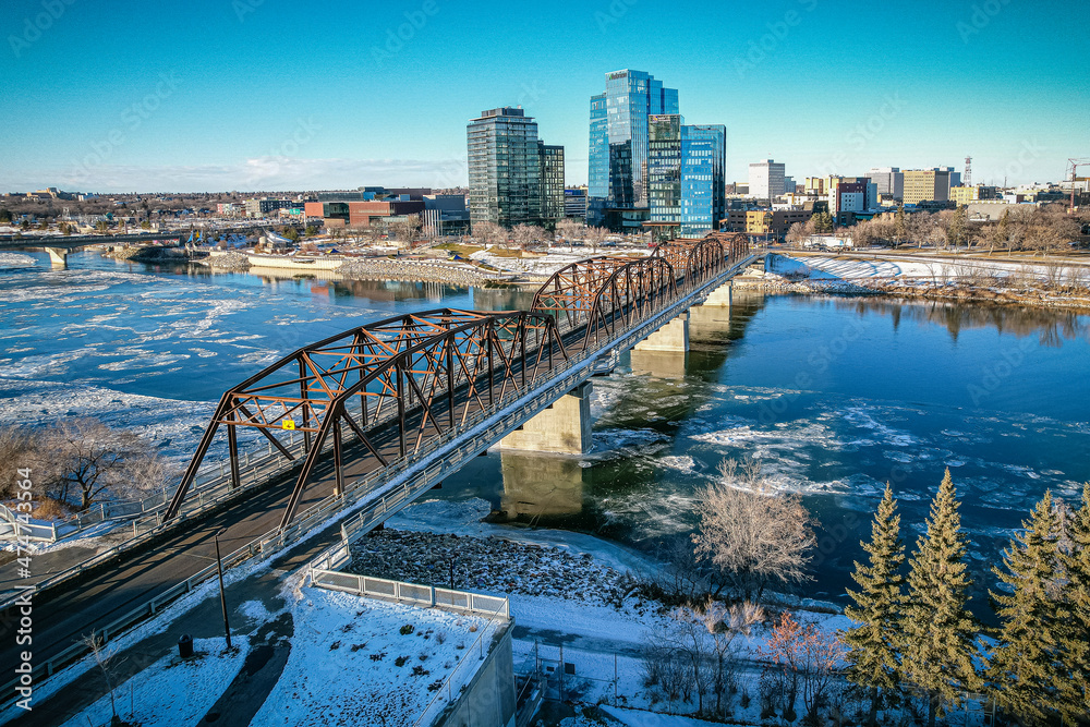 Aerial Drone View of the city of Saskatoon in Saskatchewan, Canada