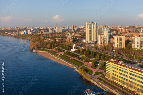 The Volga beach and the embankment. Aerial photography. Samara, Russia.