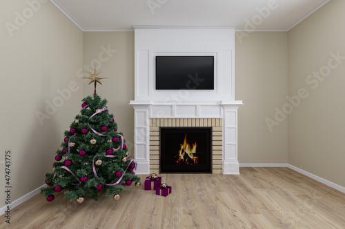 Christmas tree with ribbons and Christmas balls  gifts and fire place  empty living room without furniture  for your works.