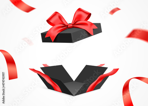 Exploded black gift box with red ribbon, isolated on white background. Present giftbox with empty space, vector illustration. photo