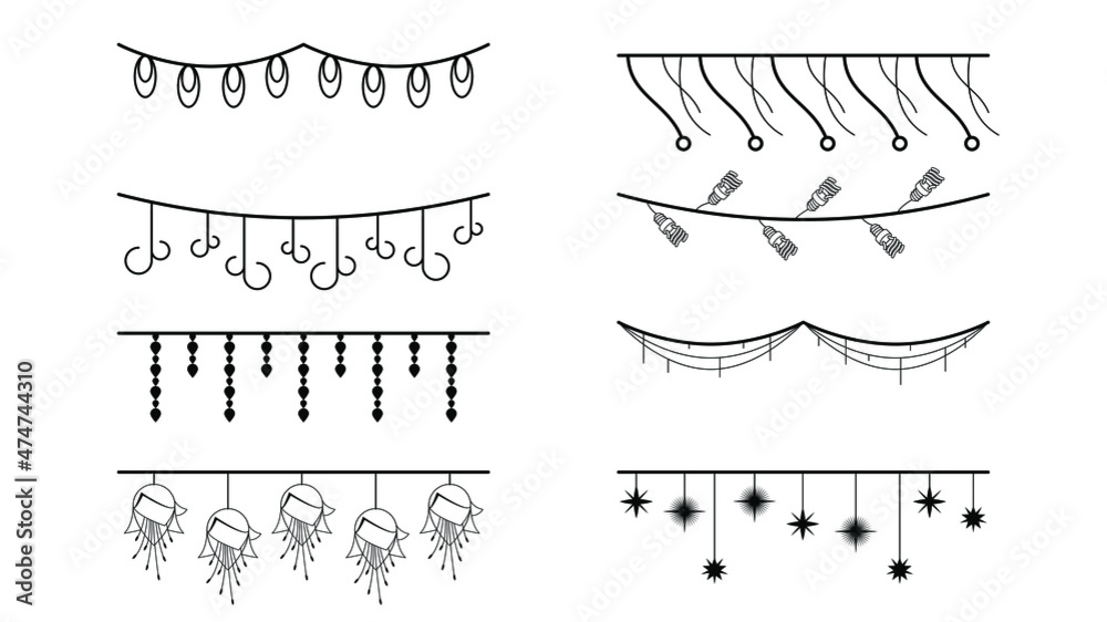 Set Black Simple Line Garlands Flags Collection Doodle Elements Vector Design Style Sketch Isolated Illustration For Banner, Birthday, Celebration, Decoration