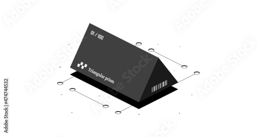 Triangular prism mathematical figure. Black and white isometric 3d illustration isolated on white background. Vector design.