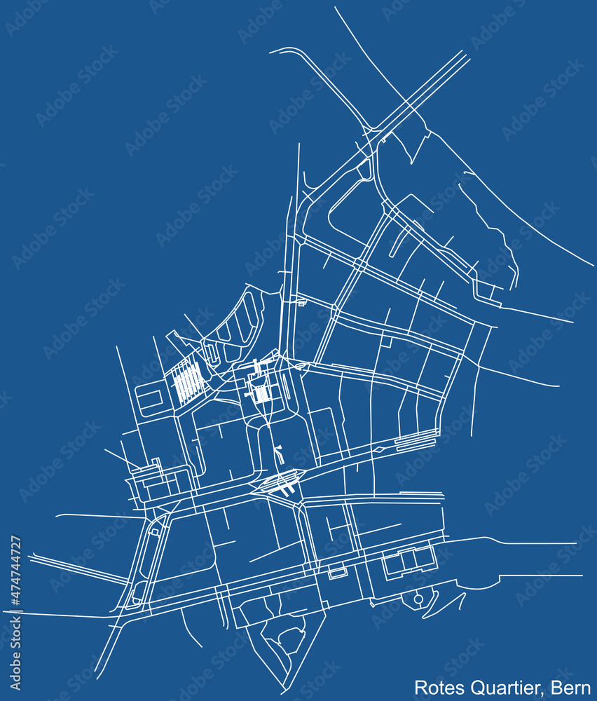 Detailed technical drawing navigation urban street roads map on blue background of the district Rotes Quartier Quarter of the Swiss capital city of Bern, Switzerland