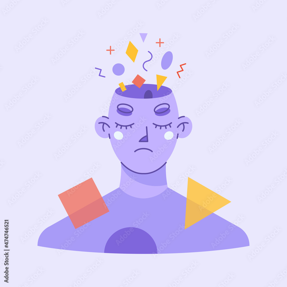 Portrait of young adult person with sad face and various geometrical shapes coming out of his head. Anxiety, stress, depression and negative emotions concept. Colorful flat vector illustration. - obrazy, fototapety, plakaty 