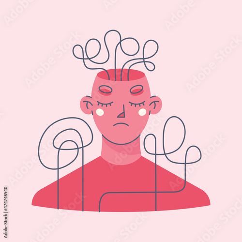 Portrait of young adult person with sad face and twisted maze coming out of his head. Anxiety, stress, depression and negative emotions concept. Colorful flat vector illustration.