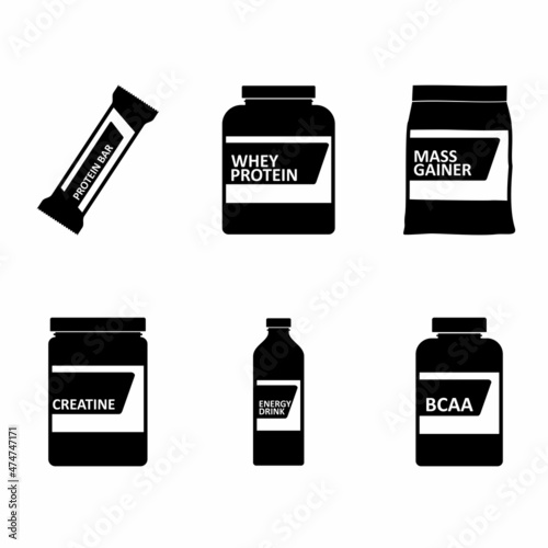 Sports nutrition icons containers packages, fitness protein power. Set of bodybuilding sport food. Jars and bottles with supplements for muscle growth. Gym icons, healthy lifestyle concept. Vector