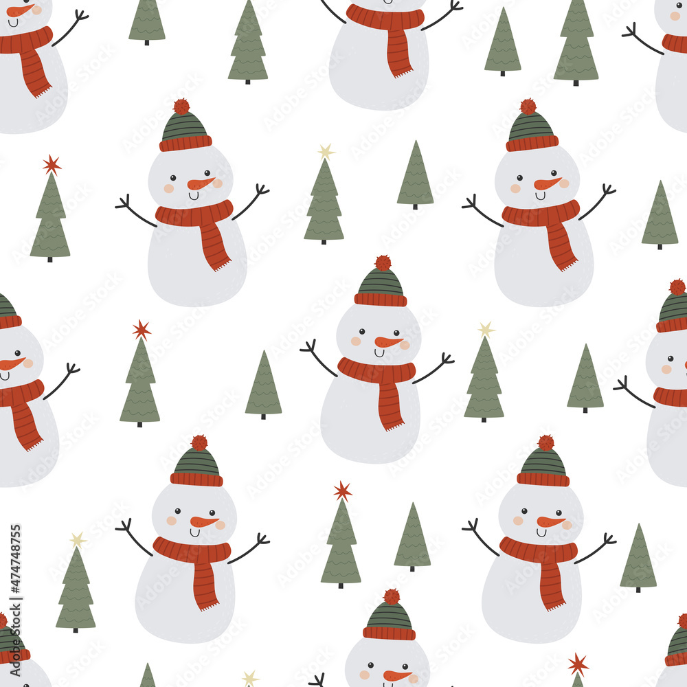 Seamless vector pattern with funny snowmen and Christmas trees. Winter seamless background in flat cartoon style. Seamless vector pattern with funny snowmen and Christmas trees. Winter seamless background in flat cartoon style.