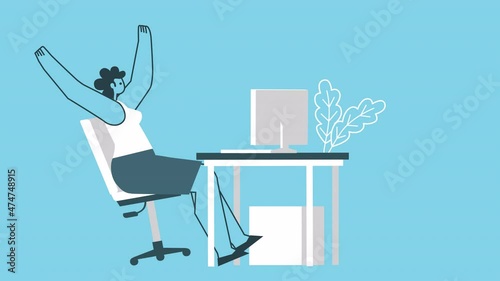 Cartoon happy successful woman working on computer at workplace. Business hurray concept. Flat Design 2d Character Isolated Loop Animation with Alpha channel photo