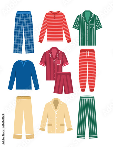 Men pajamas sets. Male home clothes. Different styles and colors. Comfortable sleepwear, shirts, shorts and pants, cotton and silk. Flat vector illustration