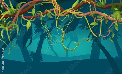 Liana or vine winding branches with tropic leaves background. Cartoon vector illustration. Jungle tropical climbing plants.