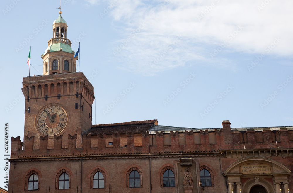 The tower of Palazzo D’Accursio or Comunale, located in Piazza Maggiore, is one of the most important buildings in Bologna and the seat of the Municipality of the city. 