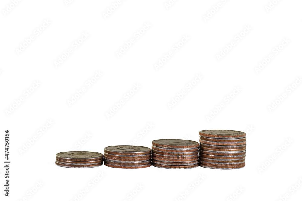 Side view of 4 stacks of US quarters, isolated on white background
Side view of 4 stacks of US quarters, isolated on white background