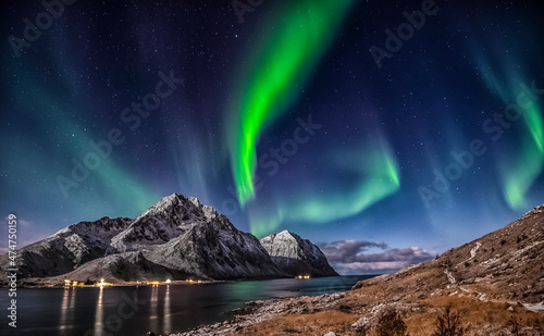 Northern lights over Mt Stornappstinden, Flakstad, Lofoten, Nordland, Norway photo