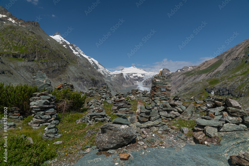 Pasterze Glacier lake with Grossglockner Summit and Johannisberg summit with Pasterze glacier