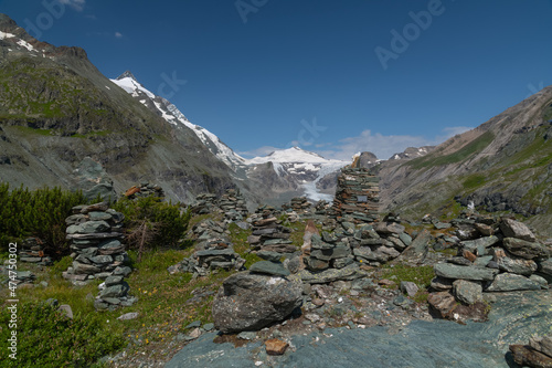 Pasterze Glacier lake with Grossglockner Summit and Johannisberg summit with Pasterze glacier