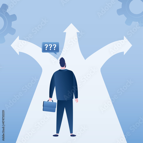 Businessman stands on fork in road. Choosing business development path. Different roads to success or failure. Male character back view. Problem solution.